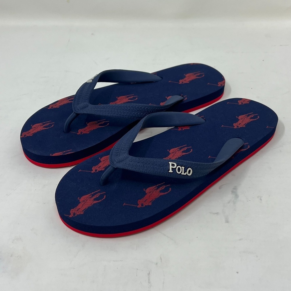 Polo Ralph Lauren Unisex Junior Flip Flop Navy/ Red Pony Logo‎ US Size 4 VTG NEW
